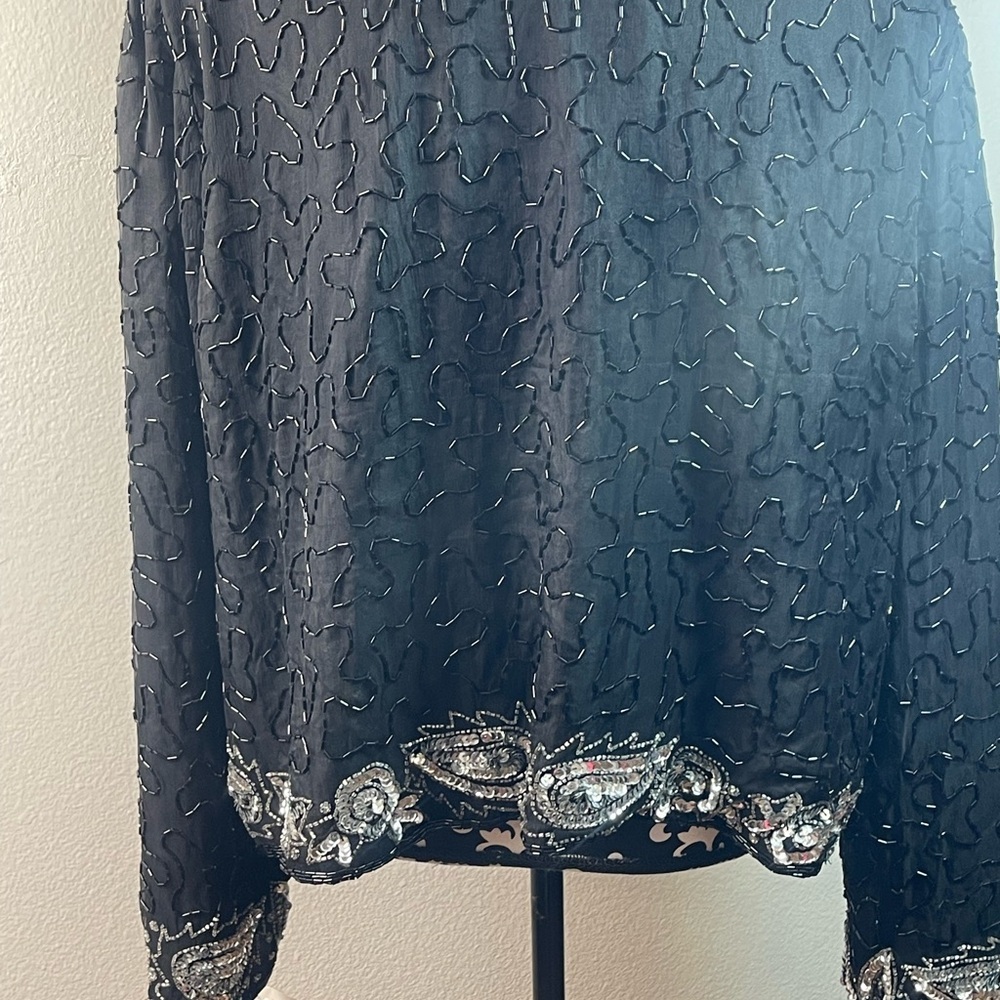 Vintage Black Silk Beaded Sequin Jacket Evening Formal Paisley Size XXXL​ - Picture 9 of 13